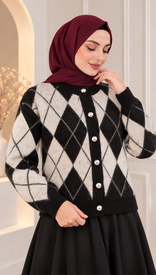 تريكو سترات مع زر دبليو - أسود